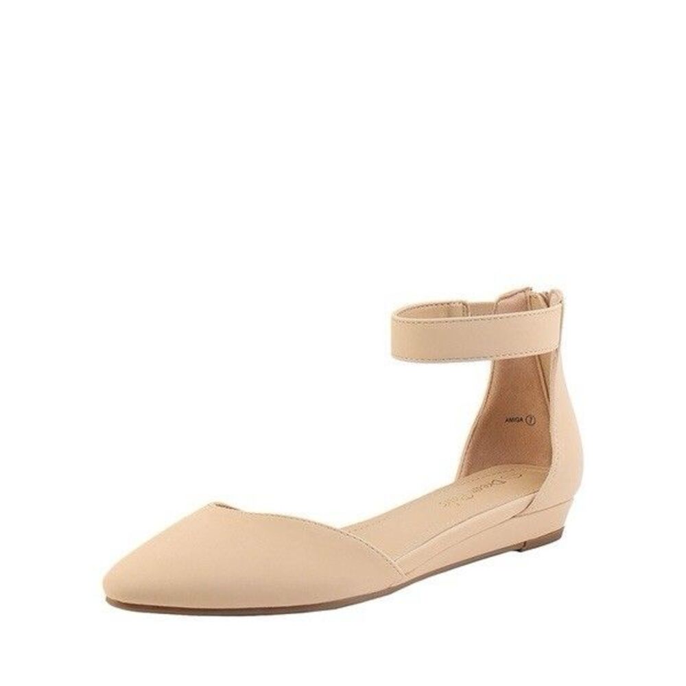 Dream Pairs Womens 6.5 Nude Pointed Toe D’Orsay Ankle Strap Low Wedge Flats